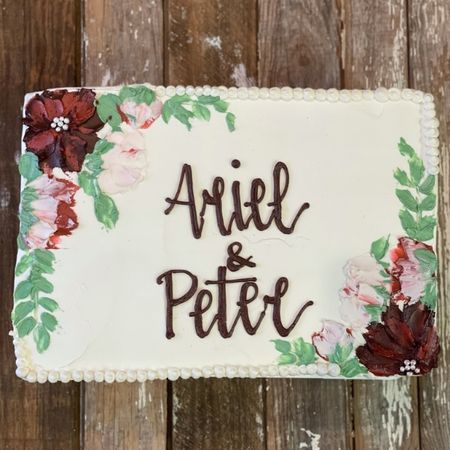 Anniversary sheet cake with wine colored flowers