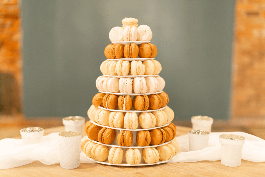 Elegant macaron tower for wedding dessert table